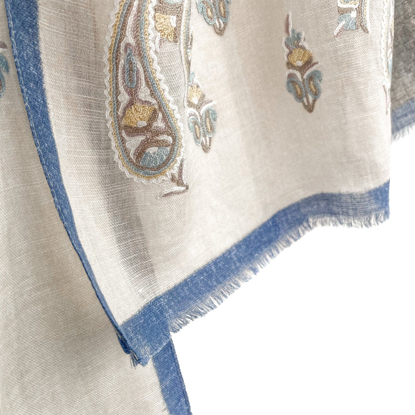 New Geometric Cotton Linen Ally Hand Embroidered Stole (Brown/Blue)