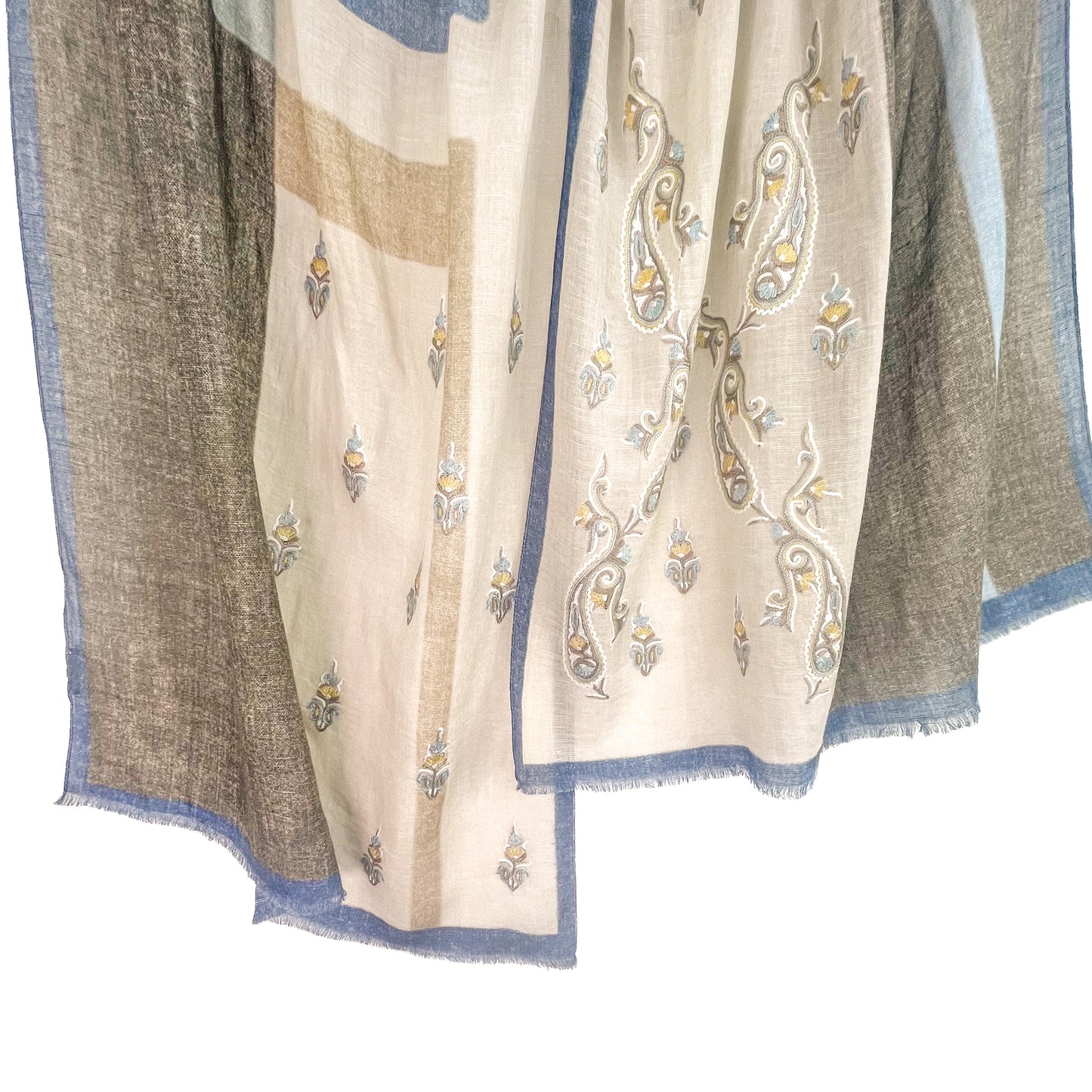 New Geometric Cotton Linen Ally Hand Embroidered Stole (Brown/Blue)