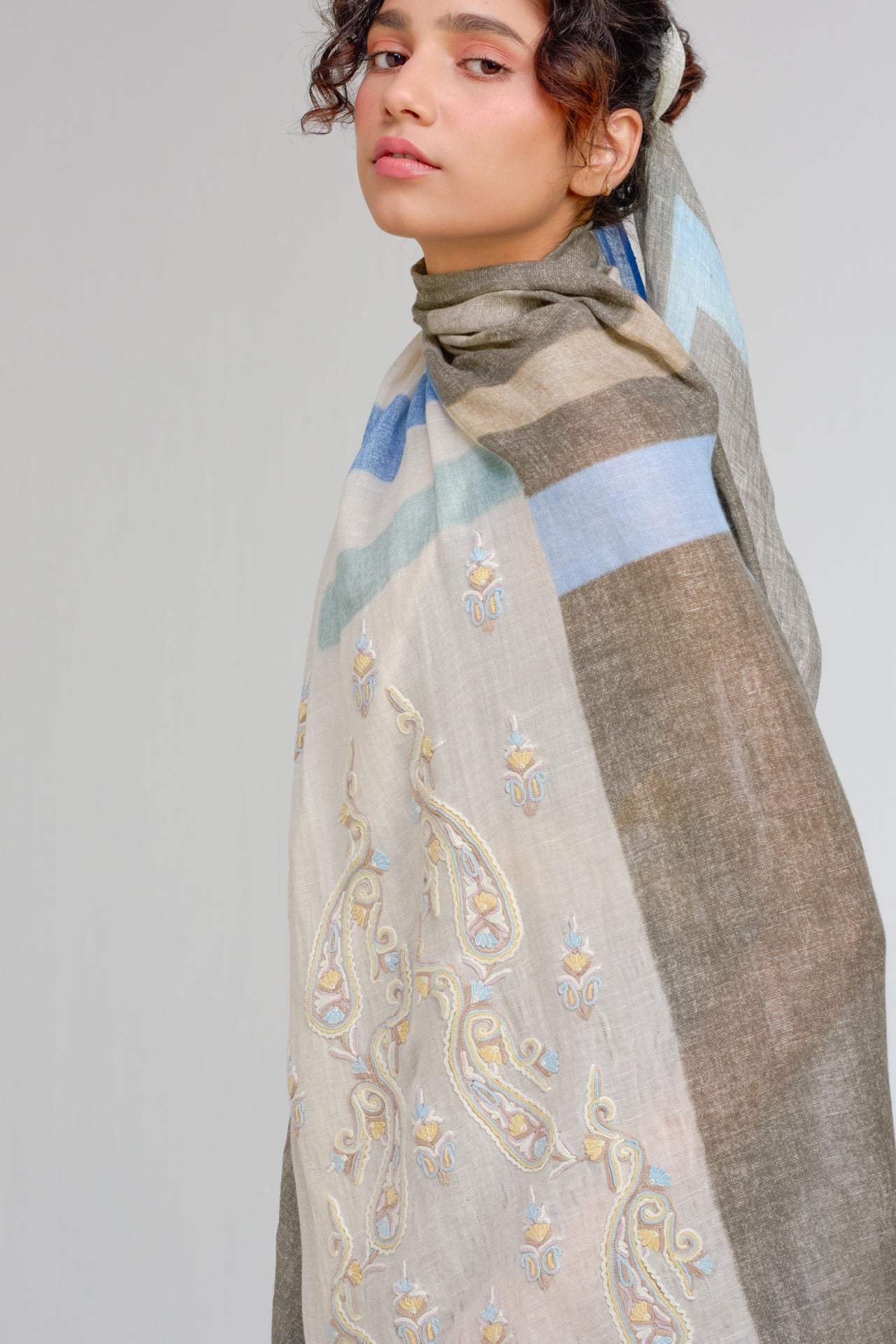 New Geometric Cotton Linen Ally Hand Embroidered Stole (Brown/Blue)