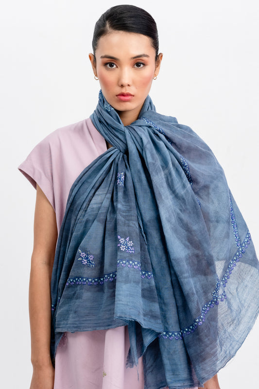 Japanese-made organic cotton hand-embroidered stole (light gray) SJ-ORCN3000_0092