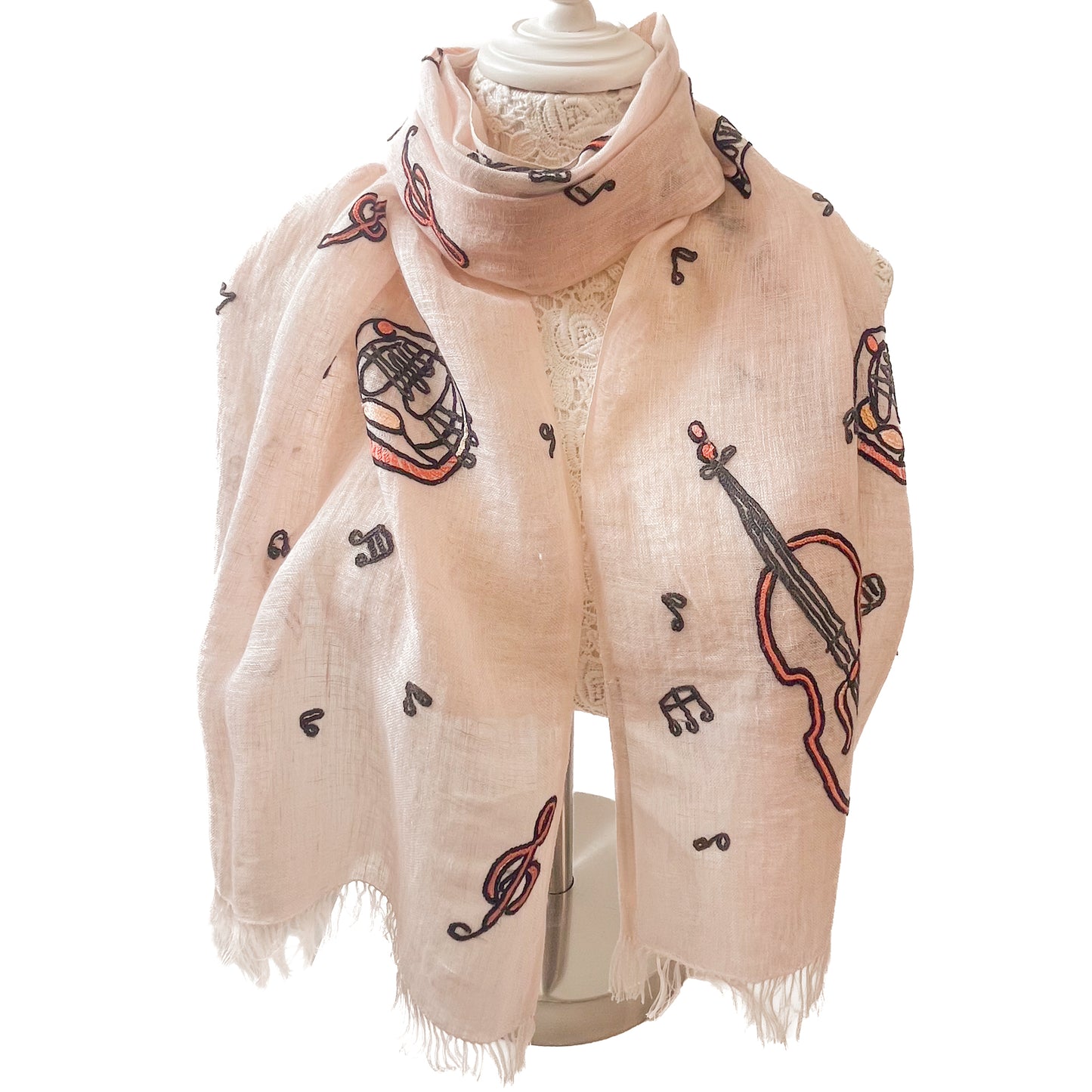 JAZZ pattern wool/silk Allie hand embroidered stole 40cm wide (beige) S-WTA2555JZ_0151 