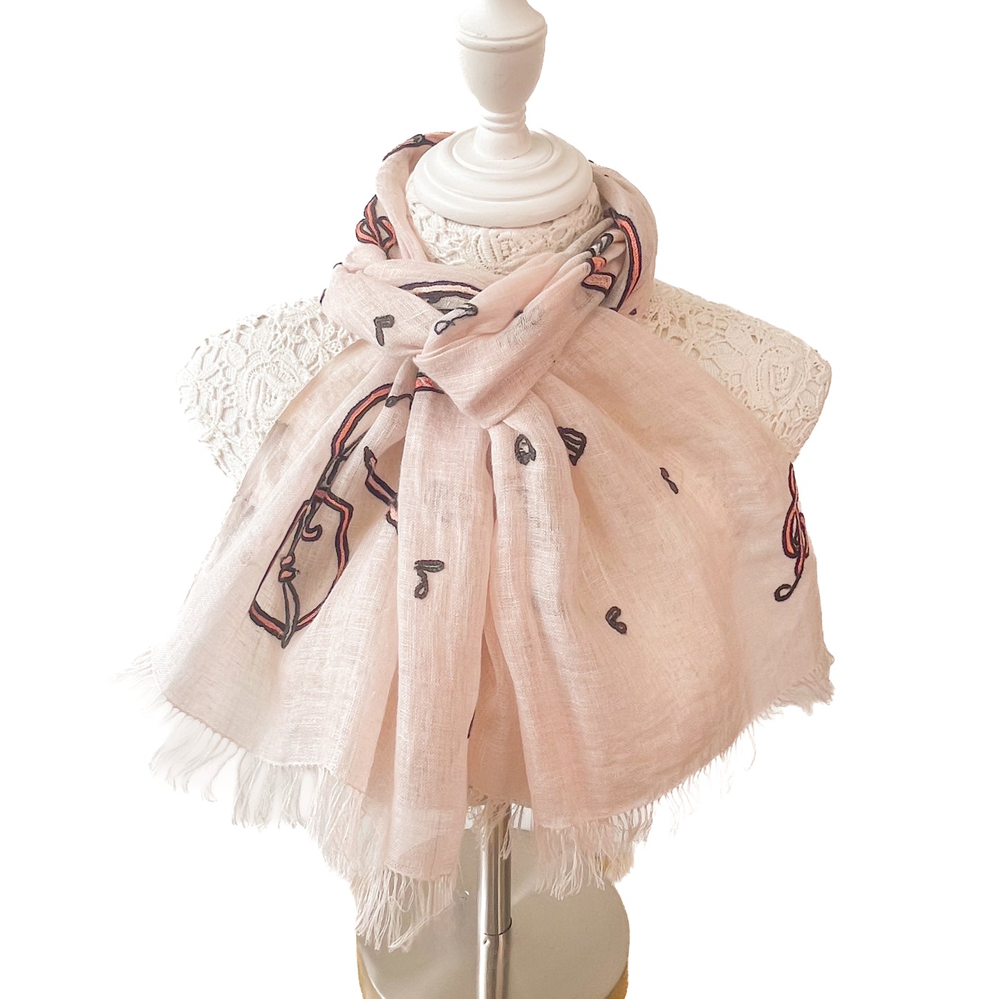 JAZZ pattern wool/silk Allie hand embroidered stole 40cm wide (beige) S-WTA2555JZ_0151 