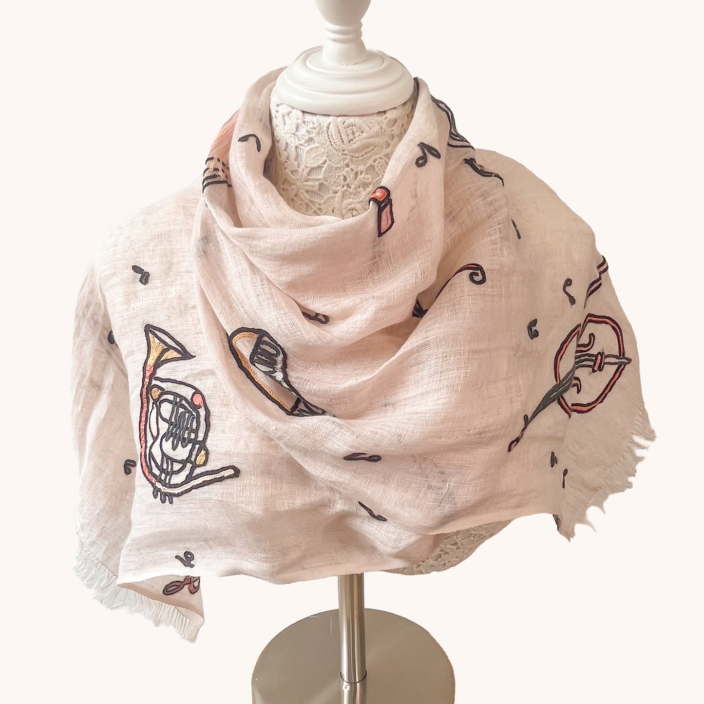 JAZZ pattern wool/silk Allie hand embroidered stole 40cm wide (beige) S-WTA2555JZ_0151 