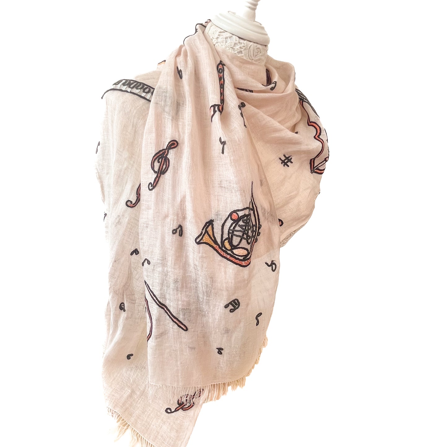 JAZZ pattern wool/silk Allie hand embroidered stole 40cm wide (beige) S-WTA2555JZ_0151 