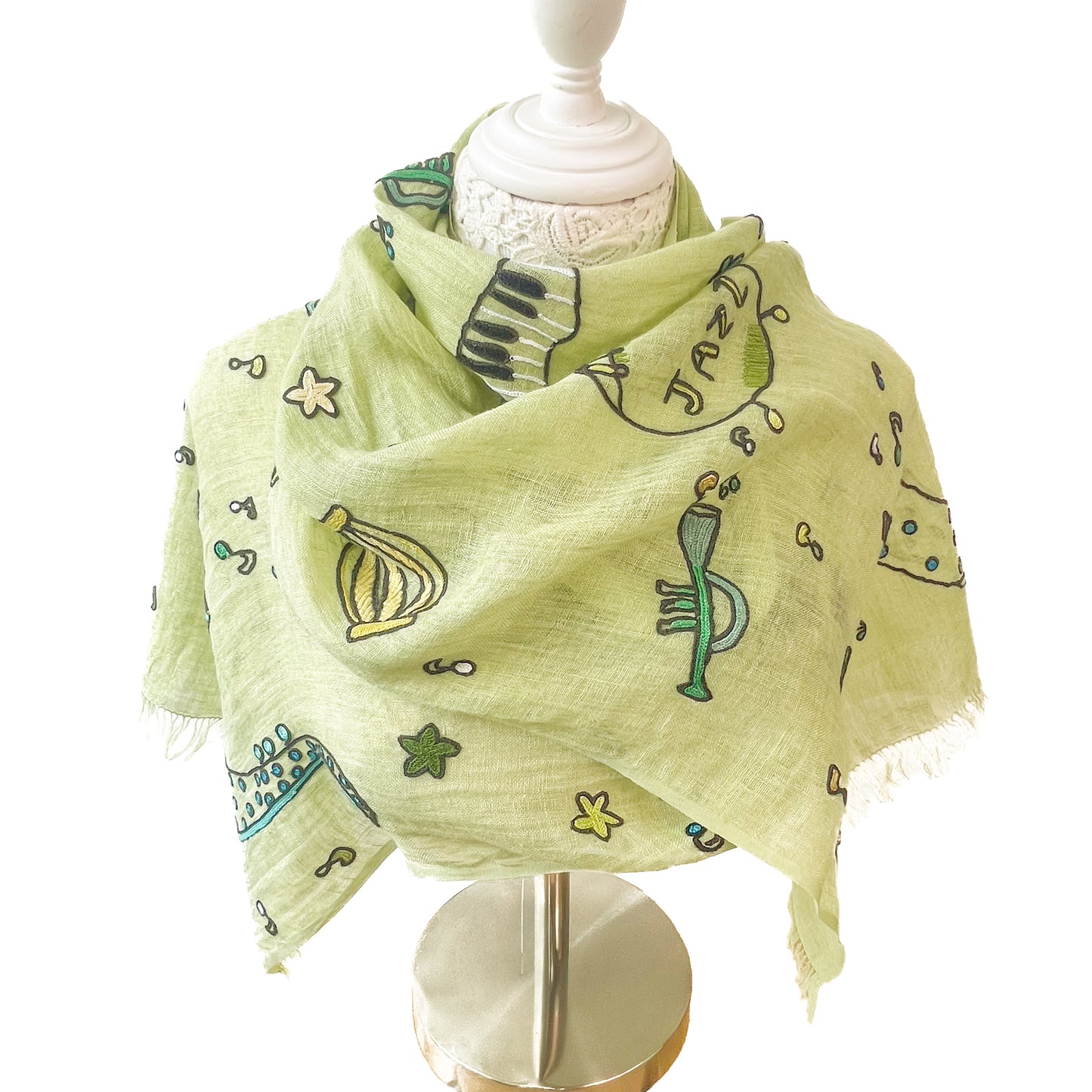 JAZZ柄 リネン アリー手刺繍ストール(ライトグリーン)