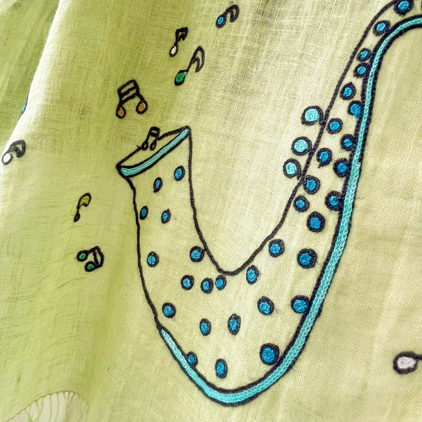 JAZZ柄 リネン アリー手刺繍ストール(ライトグリーン)