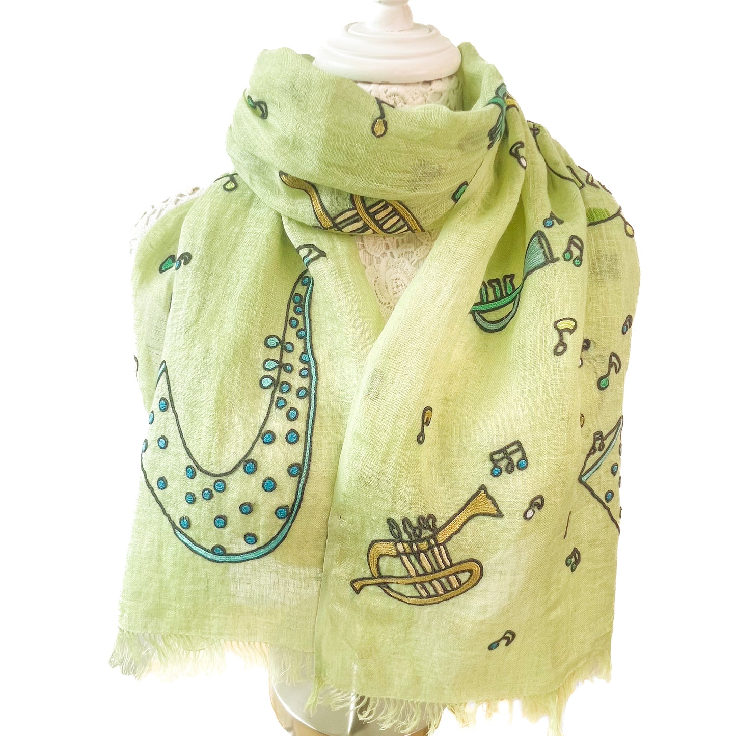JAZZ柄 リネン アリー手刺繍ストール(ライトグリーン)