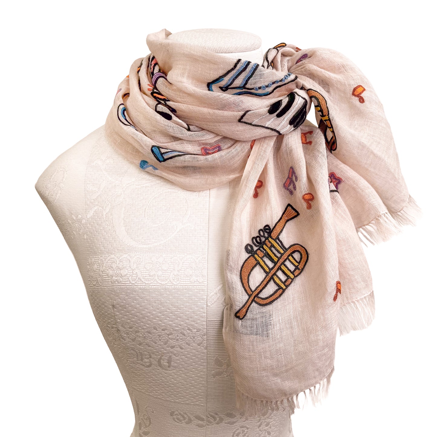 JAZZ pattern wool/silk Allie hand embroidered stole 40cm wide (beige) S-WTA2555JZ_0151 