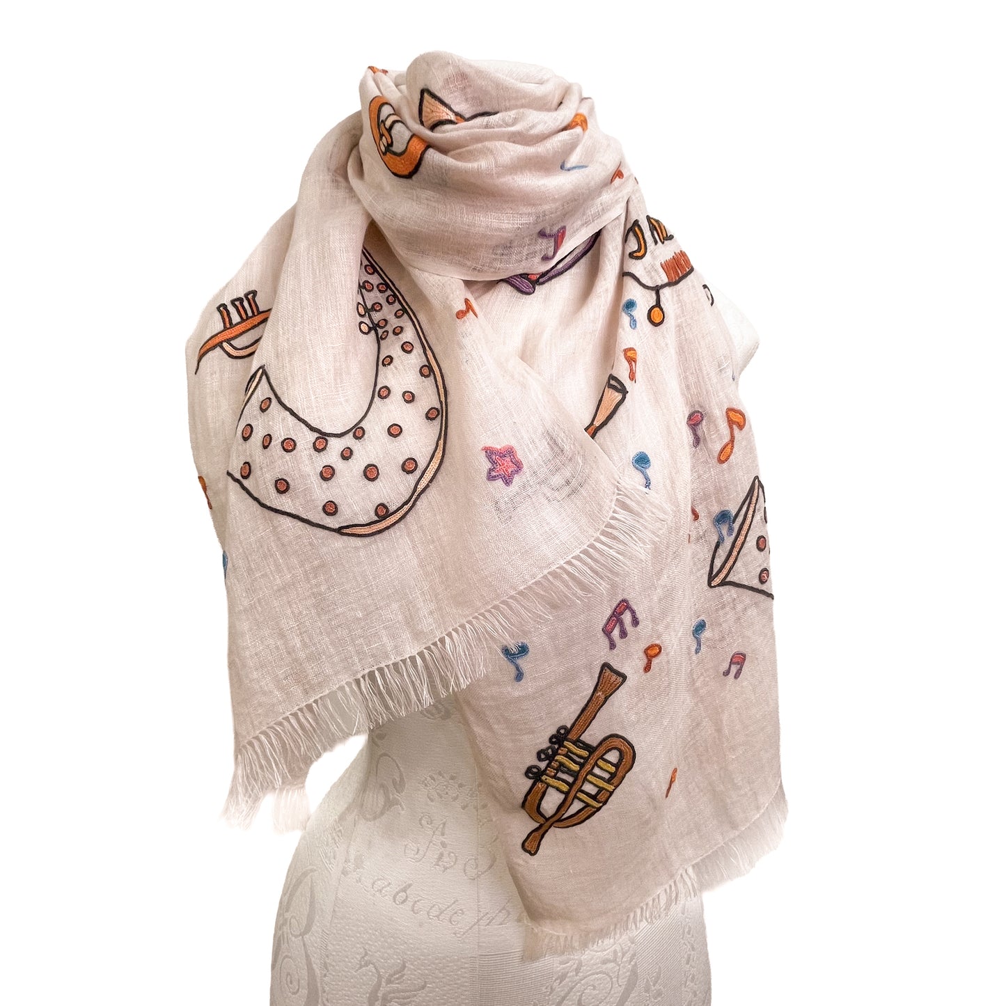 JAZZ pattern wool/silk Allie hand embroidered stole 40cm wide (beige) S-WTA2555JZ_0151 