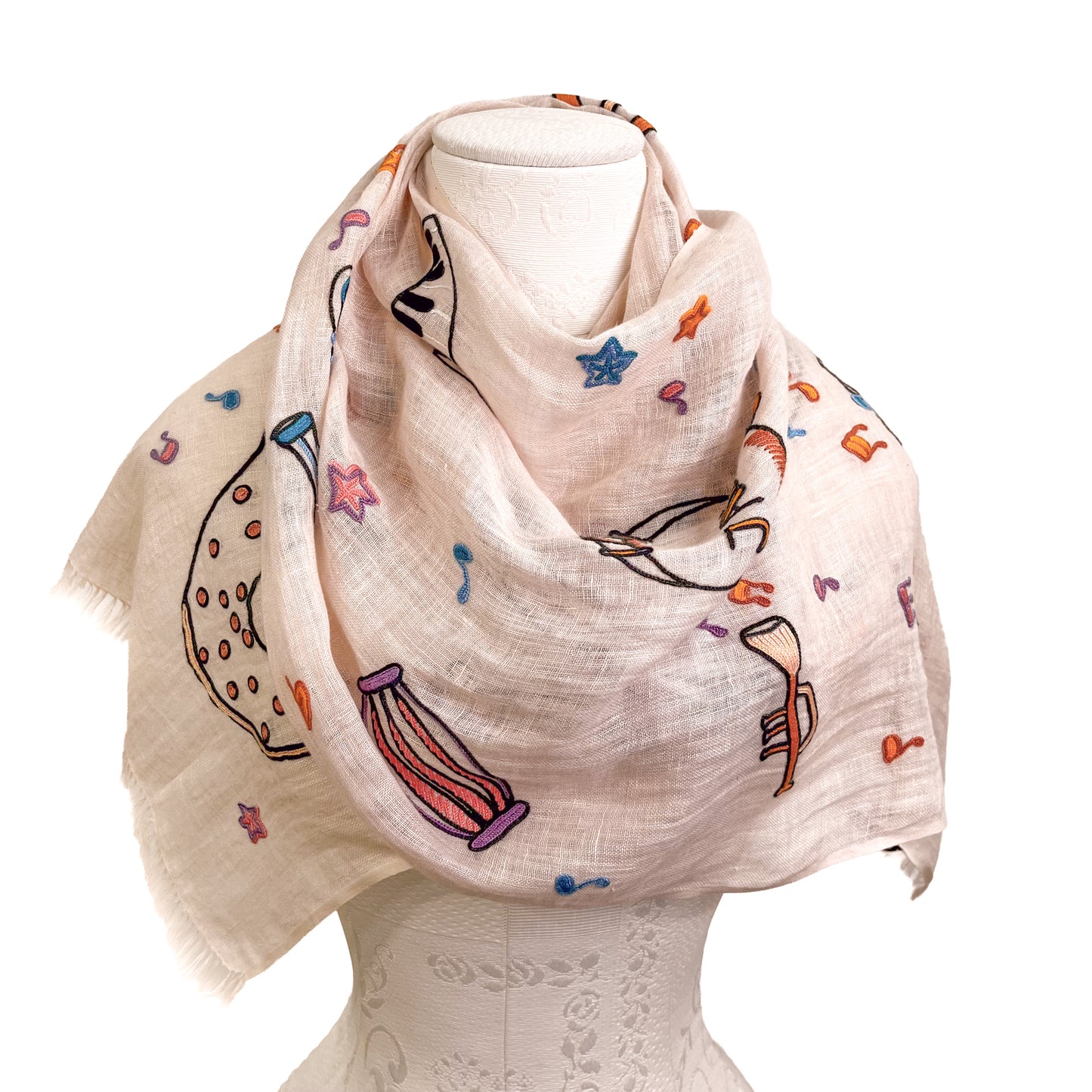 JAZZ pattern wool/silk Allie hand embroidered stole 40cm wide (beige) S-WTA2555JZ_0151 