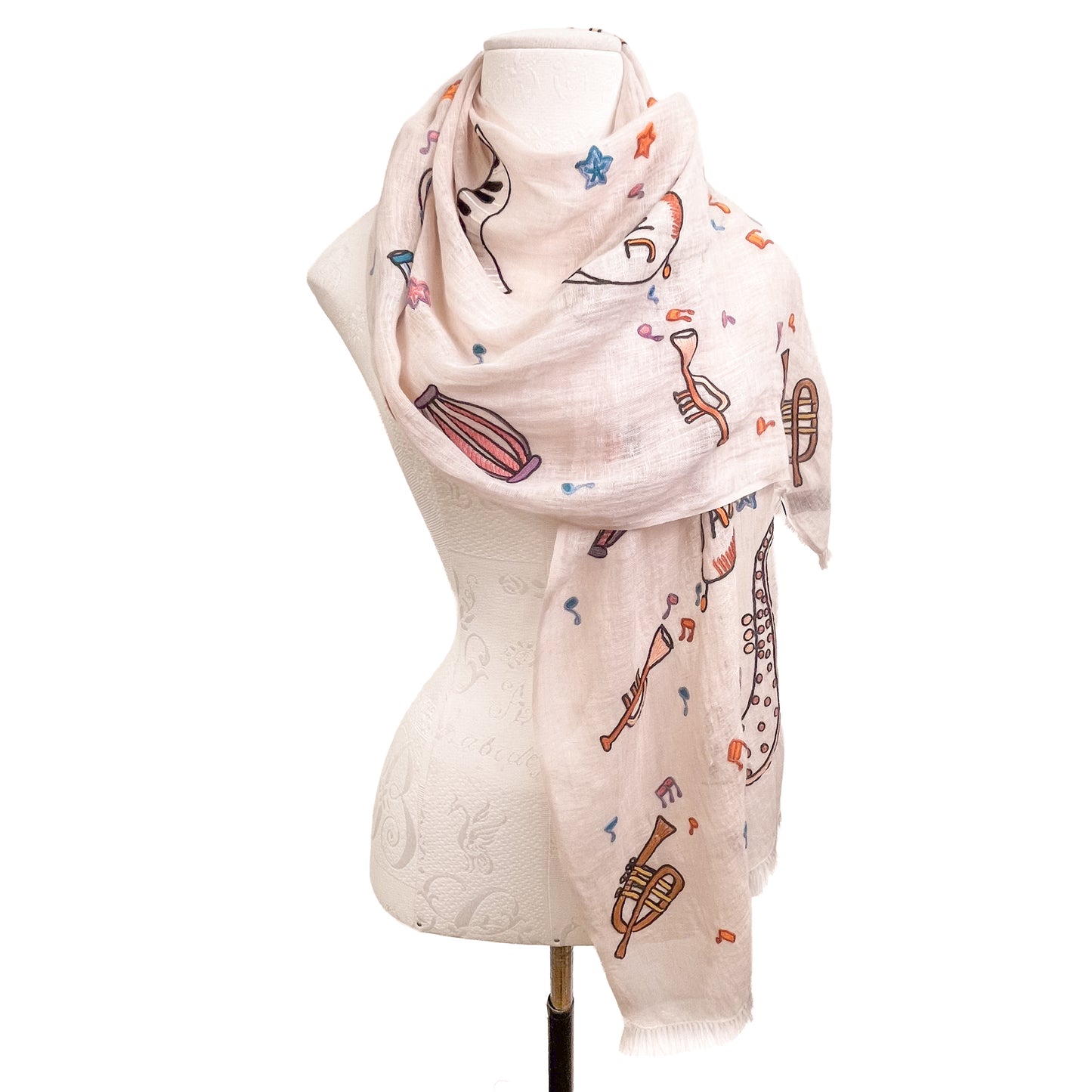JAZZ pattern wool/silk Allie hand embroidered stole 40cm wide (beige) S-WTA2555JZ_0151 