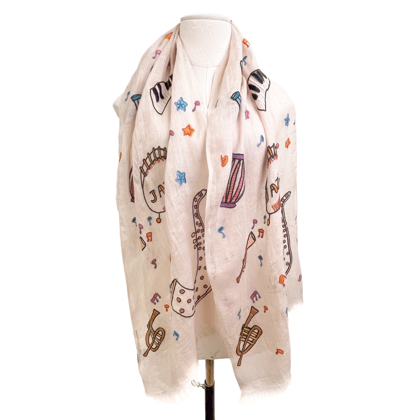 JAZZ pattern wool/silk Allie hand embroidered stole 40cm wide (beige) S-WTA2555JZ_0151 