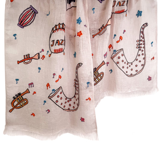 JAZZ柄 リネン アリー手刺繍ストール(ライトピンクベージュ)