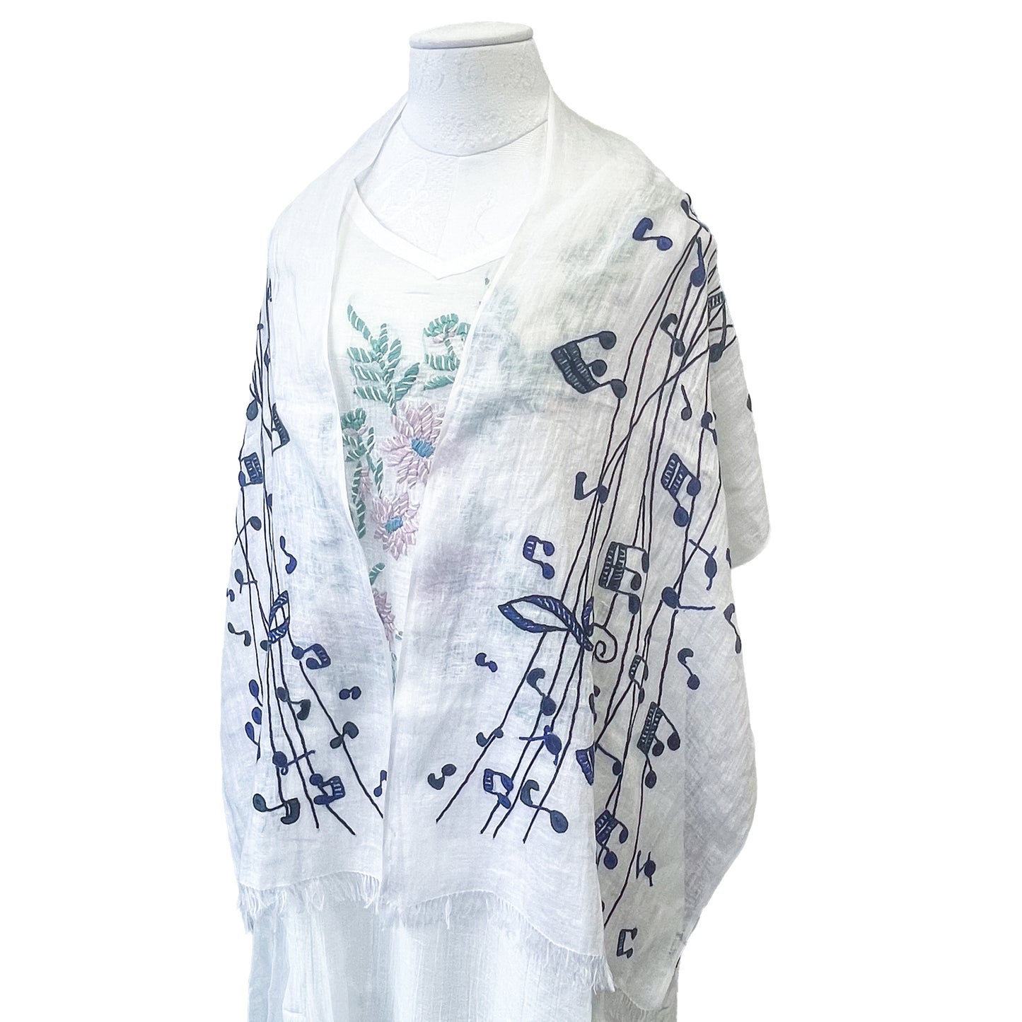 麻素材 アリー手刺繍ストール (ホワイト)