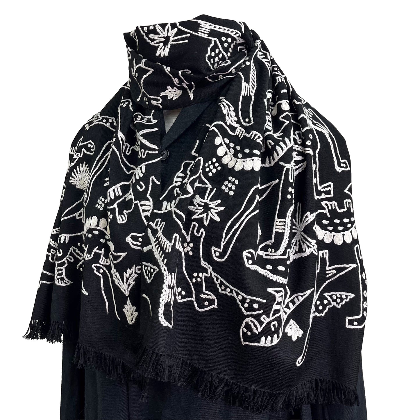 Dinosaur ウール アリー手刺繍ストール(ブラック)
