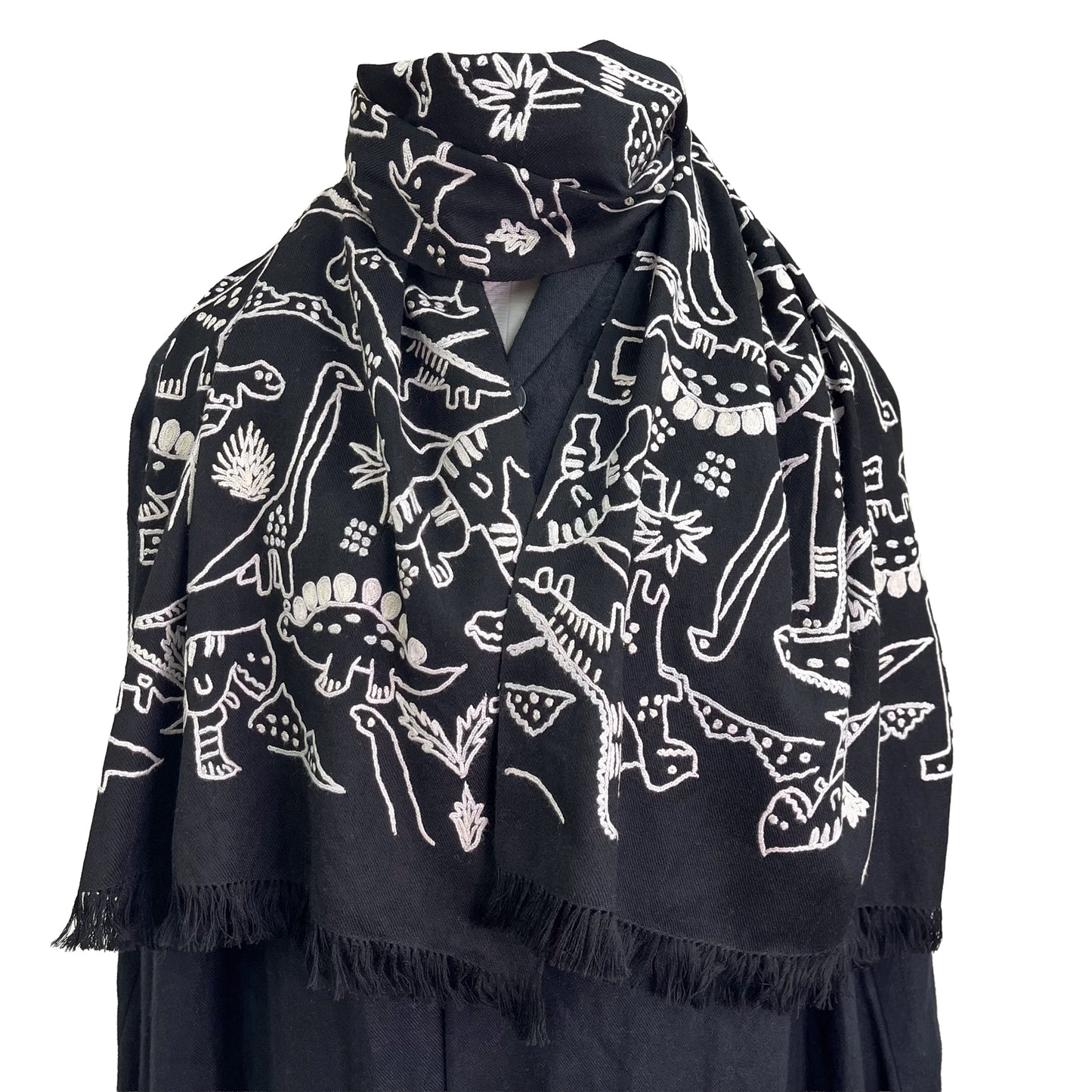 Dinosaur ウール アリー手刺繍ストール(ブラック)