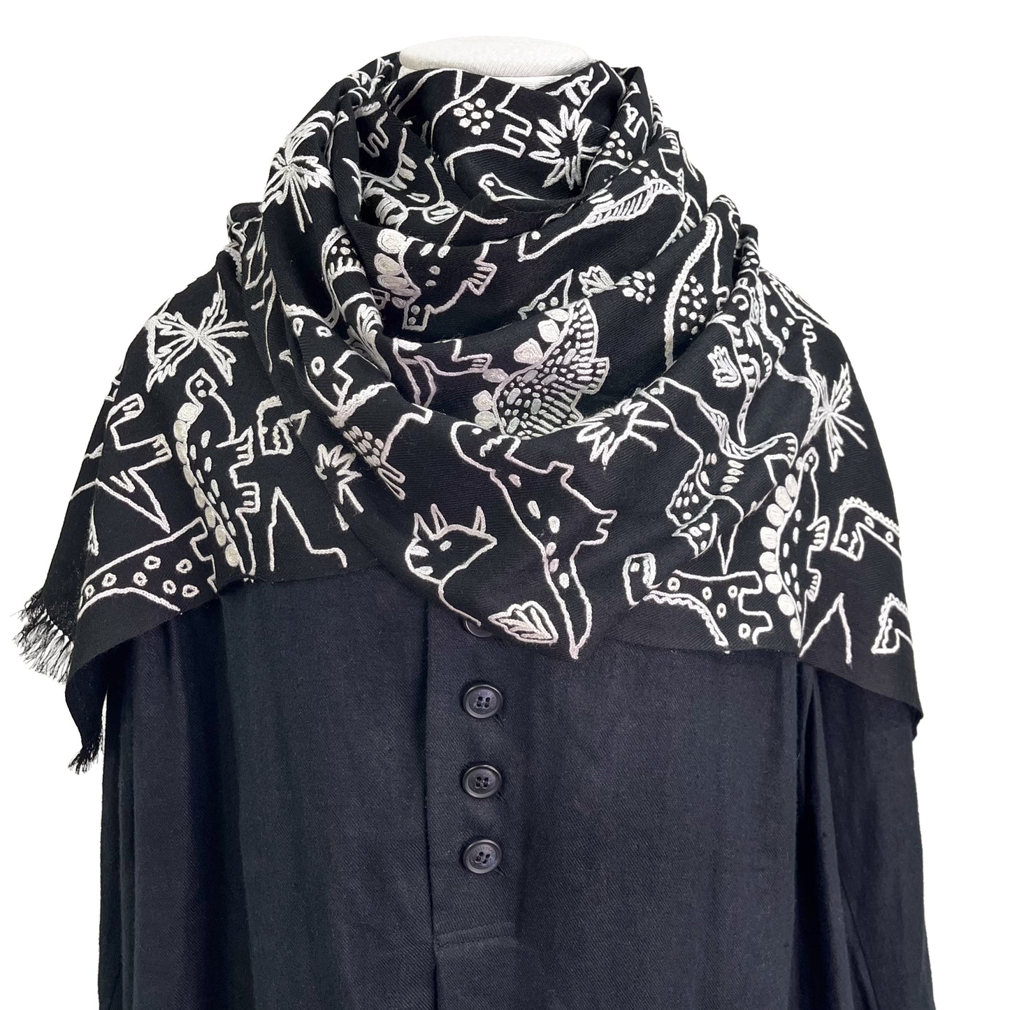 Dinosaur ウール アリー手刺繍ストール(ブラック)