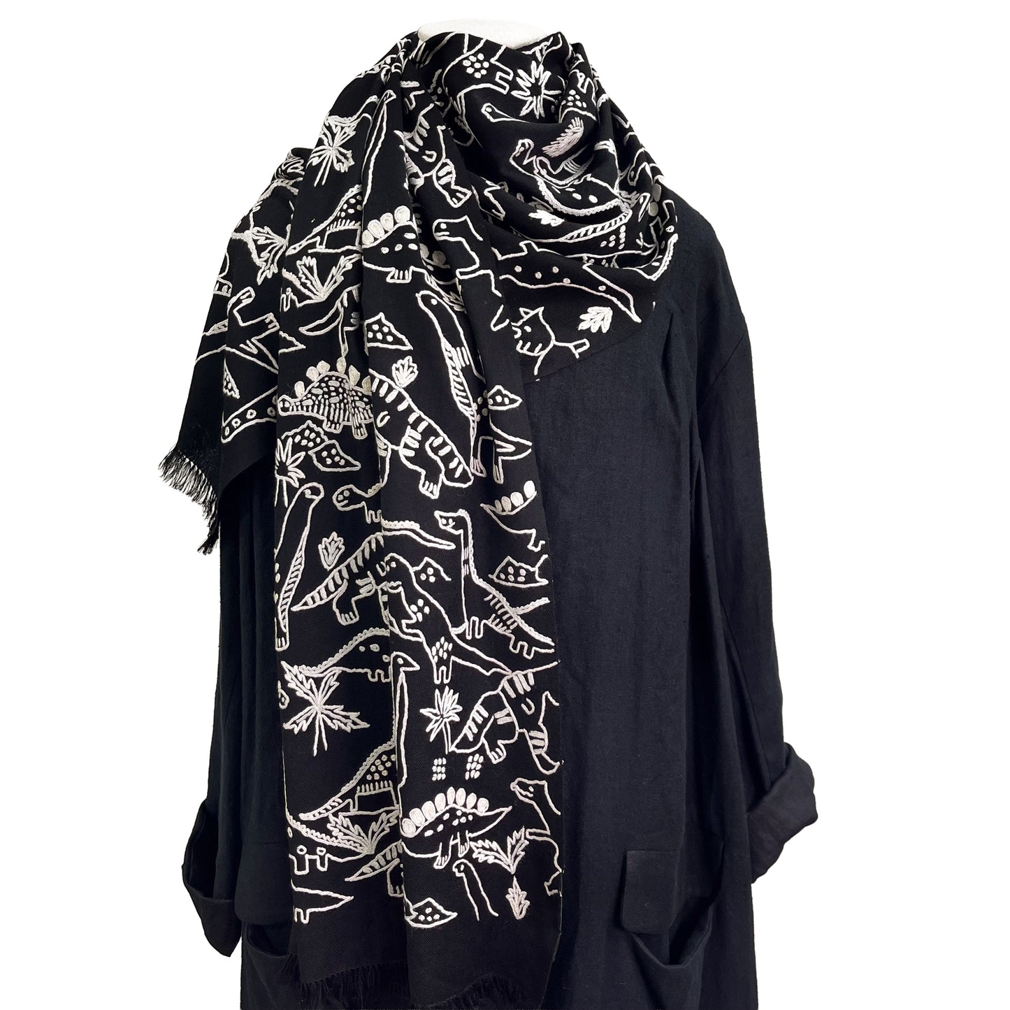 Dinosaur ウール アリー手刺繍ストール(ブラック)