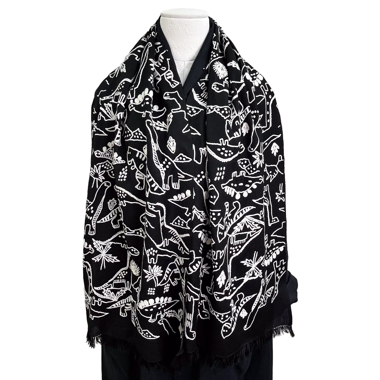 Dinosaur ウール アリー手刺繍ストール(ブラック)