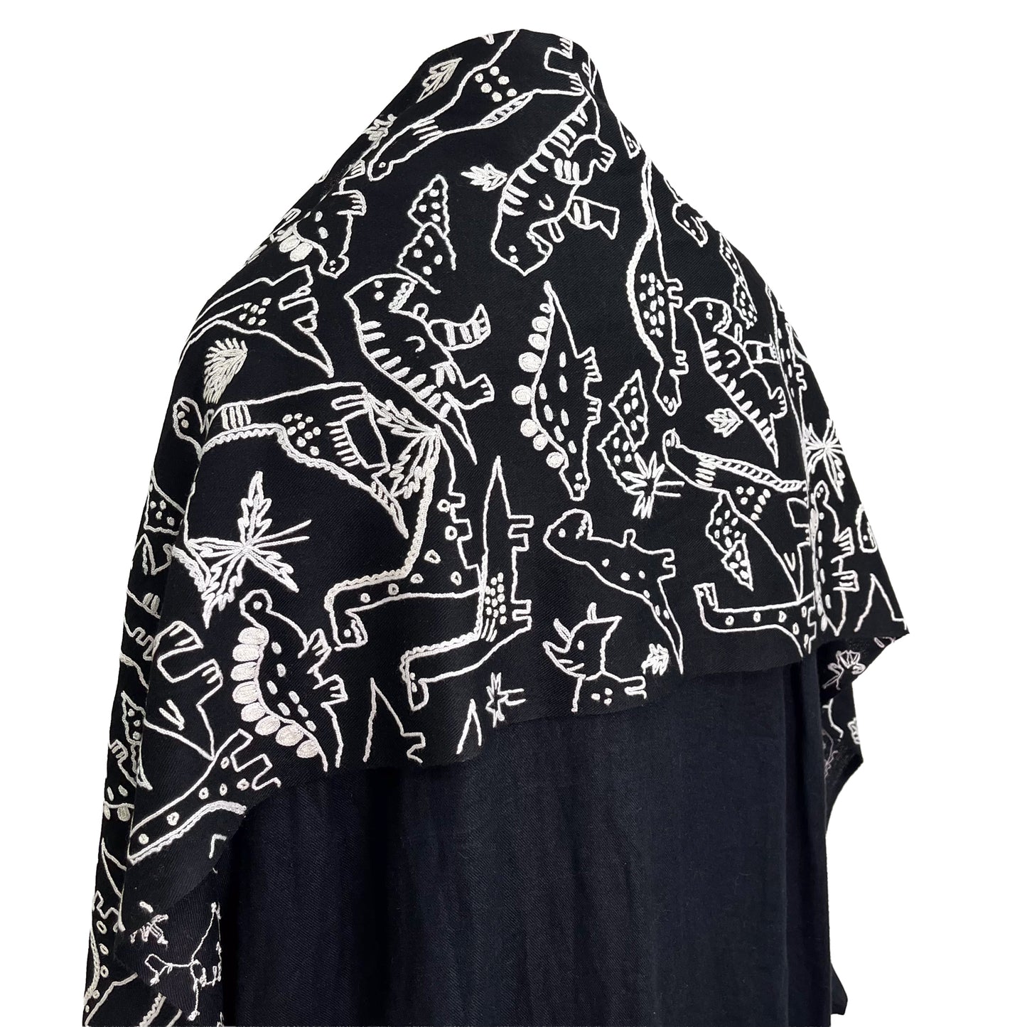 Dinosaur ウール アリー手刺繍ストール(ブラック)