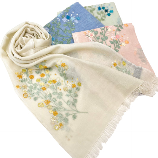 Mimosa Lightweight Wool &amp; Silk Allie Hand Embroidered Narrow Stole (Sky Blue)