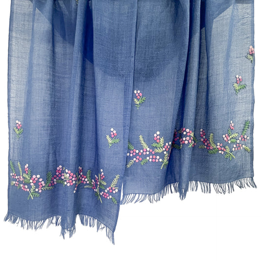 ミモザ　薄手ウール&シルク アリー手刺繍細幅ストール (ネイビー)