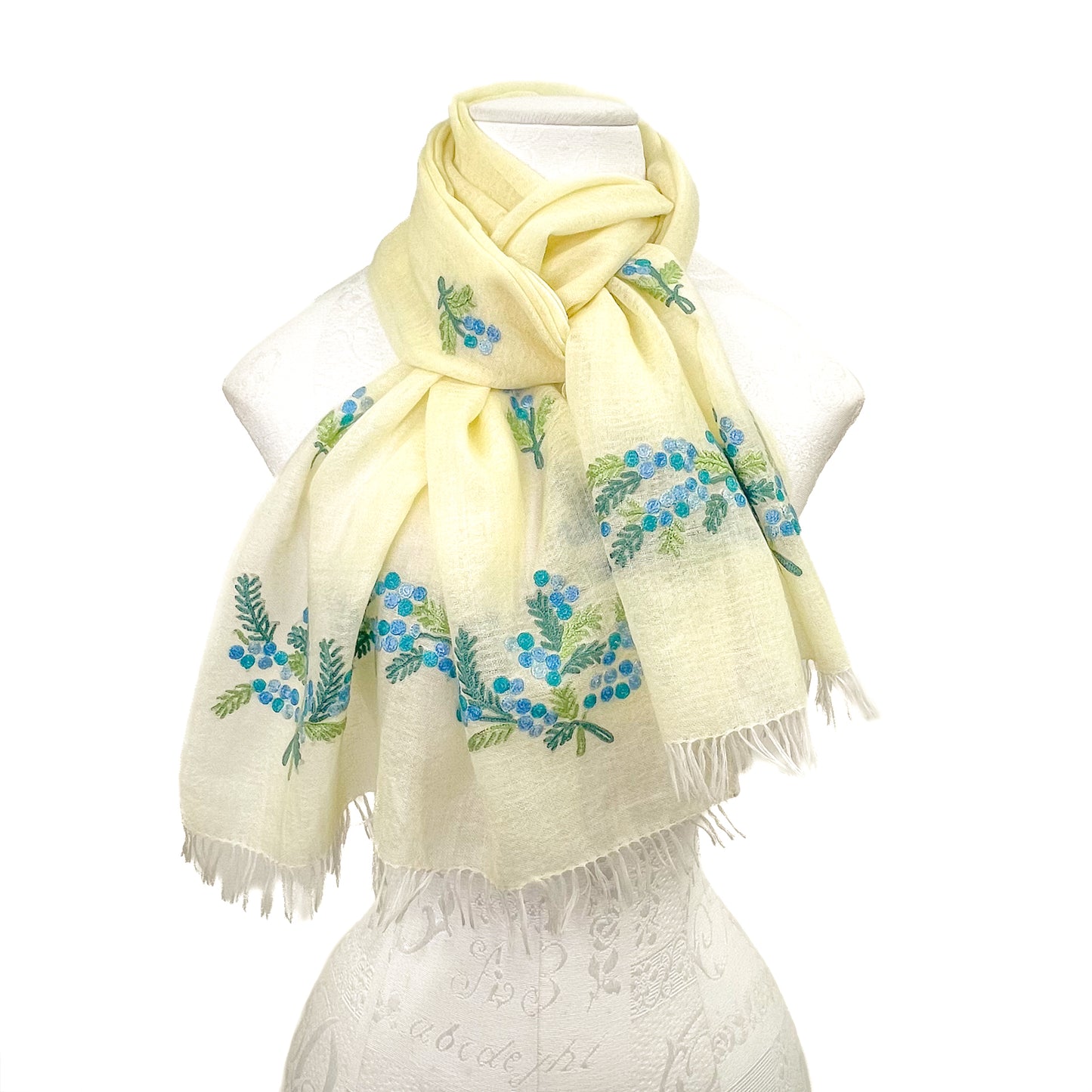 Mimosa Thin Wool &amp; Silk Allie Hand Embroidered Narrow Stole (Light Yellow)