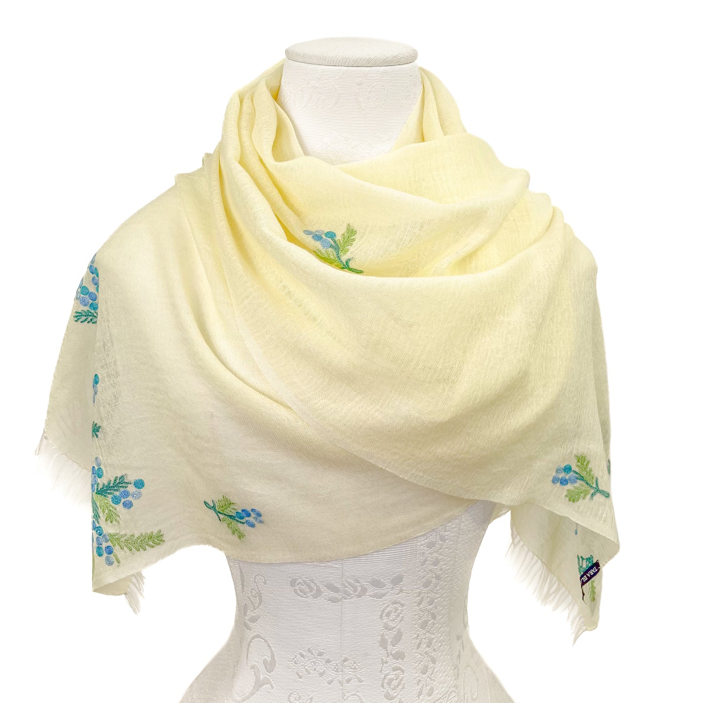 Mimosa Thin Wool &amp; Silk Allie Hand Embroidered Narrow Stole (Light Yellow)