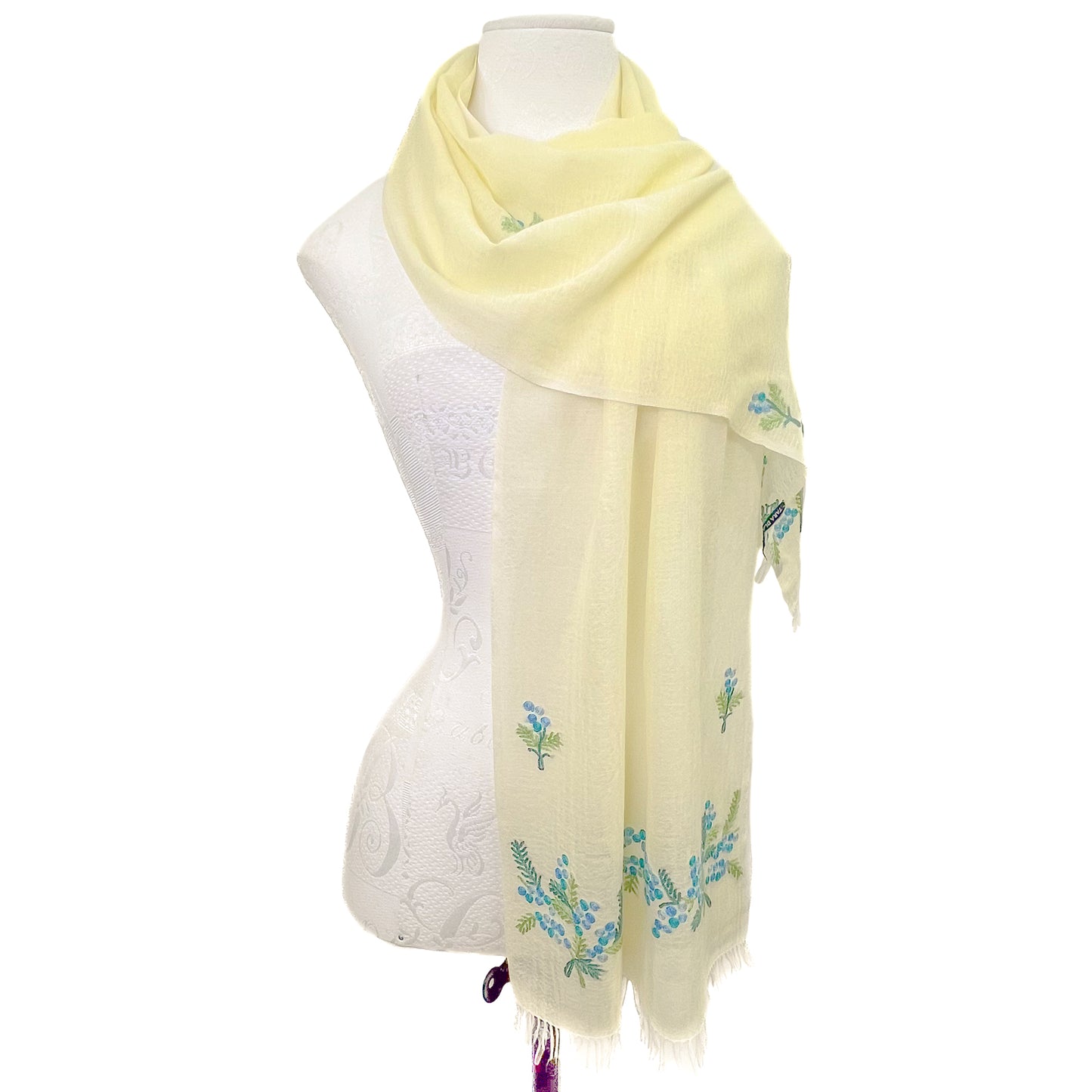 Mimosa Thin Wool &amp; Silk Allie Hand Embroidered Narrow Stole (Light Yellow)