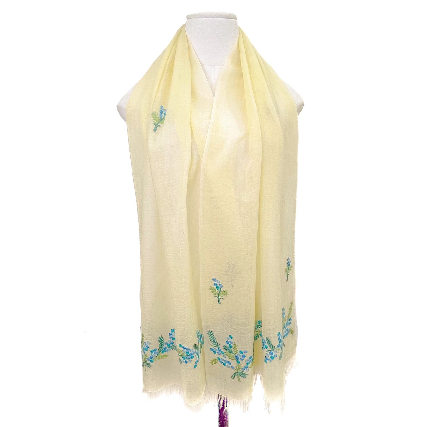 Mimosa Thin Wool &amp; Silk Allie Hand Embroidered Narrow Stole (Light Yellow)