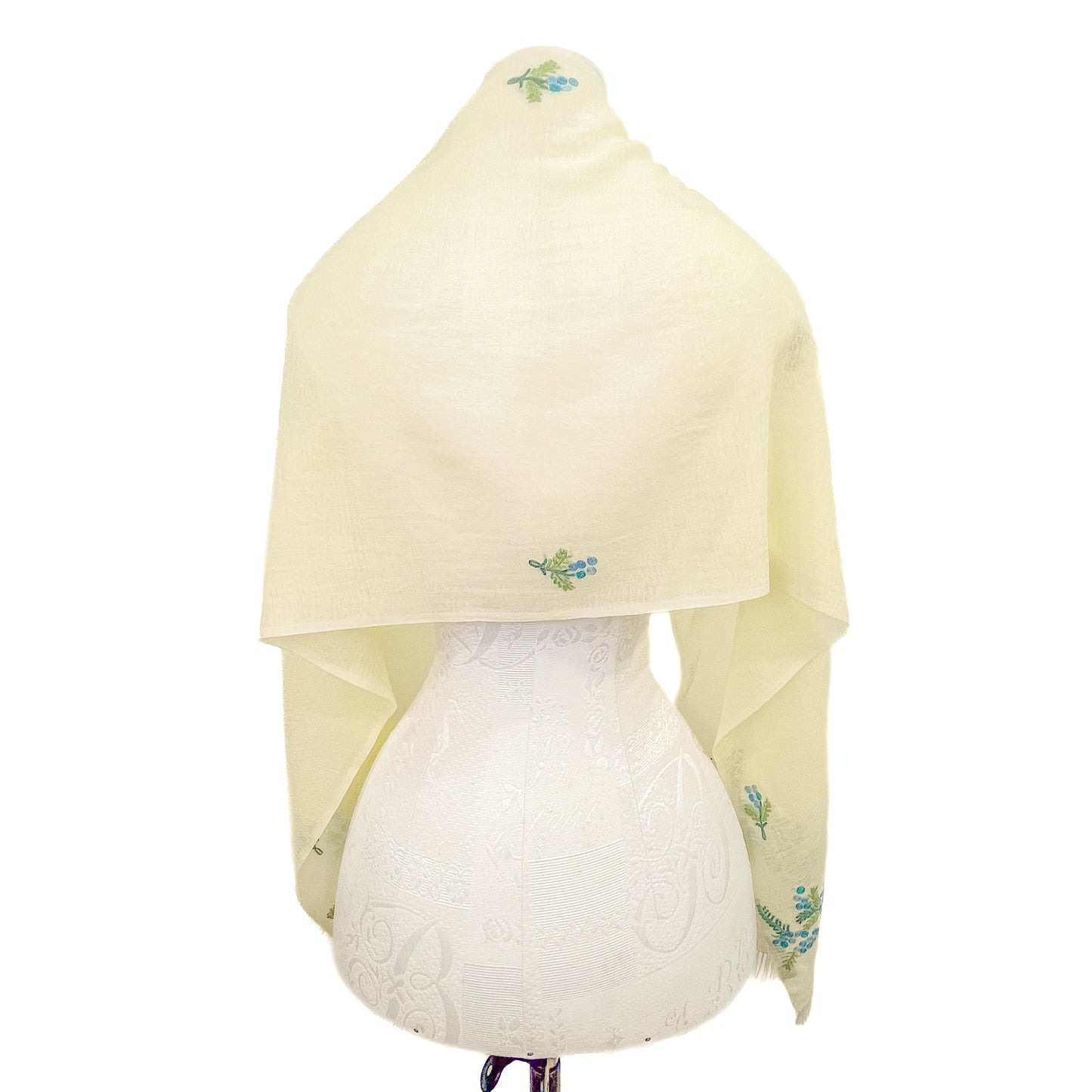 Mimosa Thin Wool &amp; Silk Allie Hand Embroidered Narrow Stole (Light Yellow)