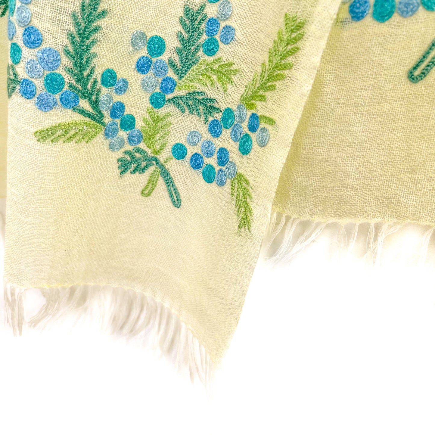 Mimosa Thin Wool &amp; Silk Allie Hand Embroidered Narrow Stole (Light Yellow)