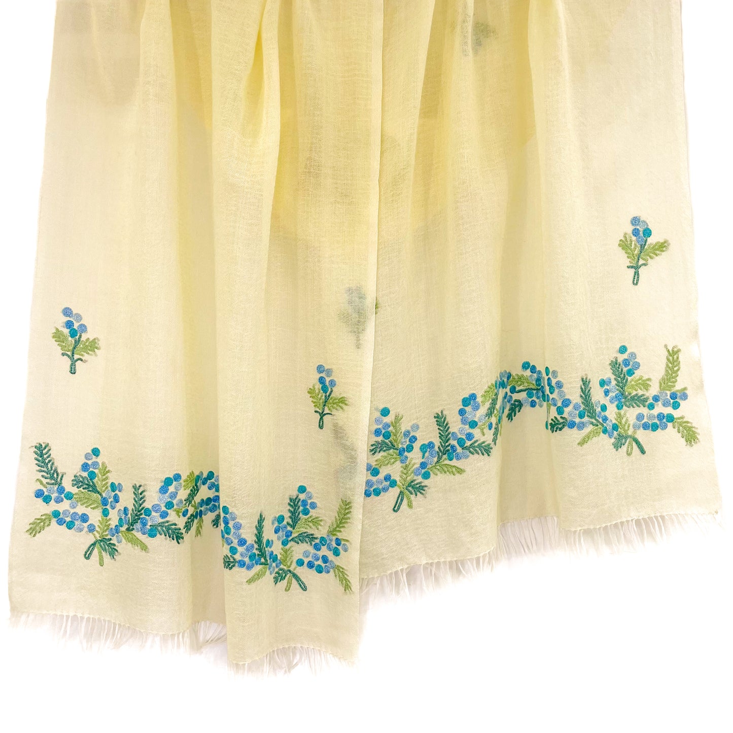 Mimosa Thin Wool &amp; Silk Allie Hand Embroidered Narrow Stole (Light Yellow)