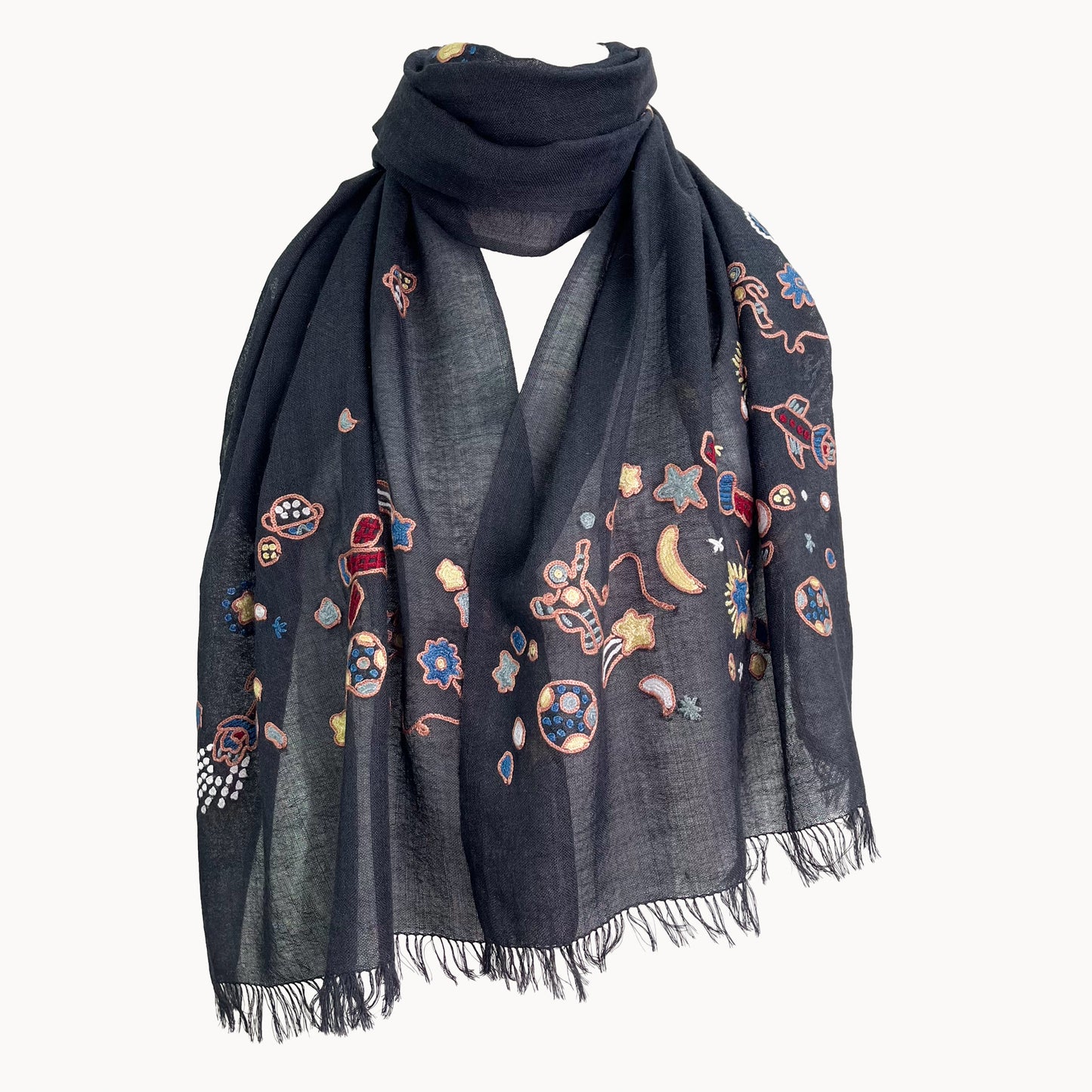 Space Odessey 薄手ウール&シルク アリー手刺繍細幅ストール
