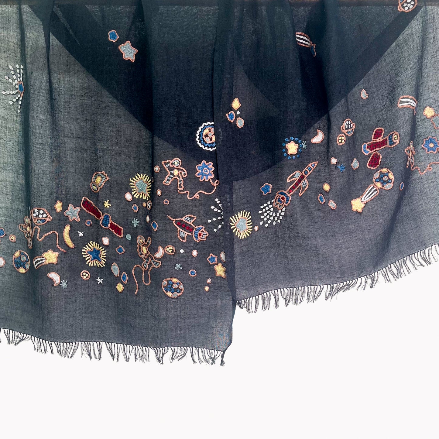 Space Odessey 薄手ウール&シルク アリー手刺繍細幅ストール