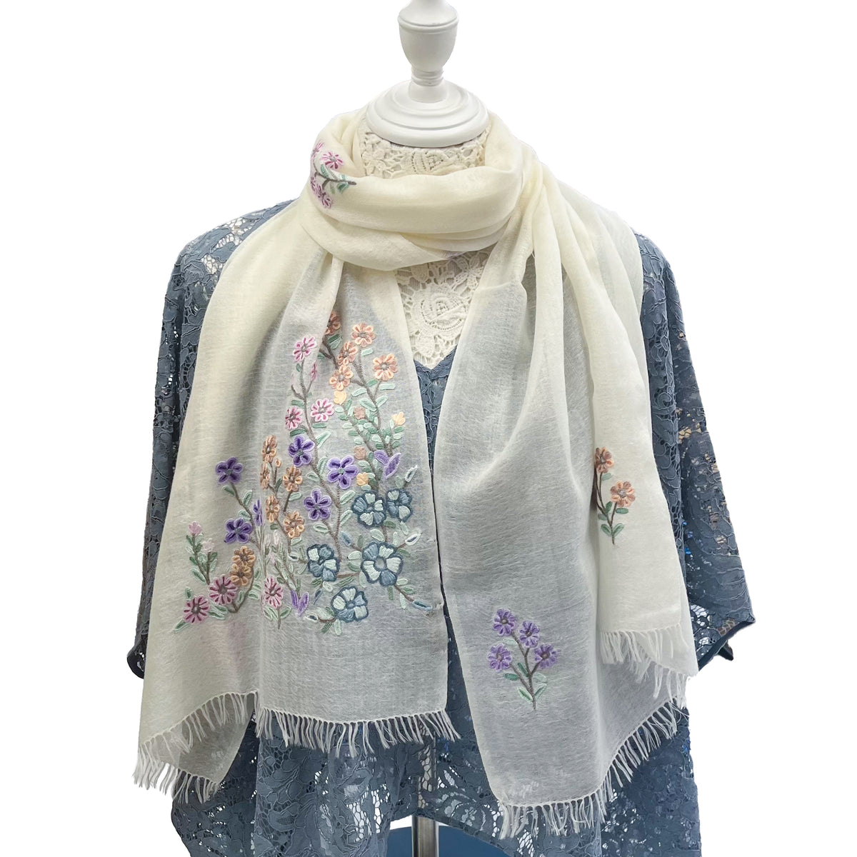 ギフトシリーズ 薄手ウール&シルク アリー手刺繍細幅ストール (ラベンダー)(ホワイト)(ライトブルー)