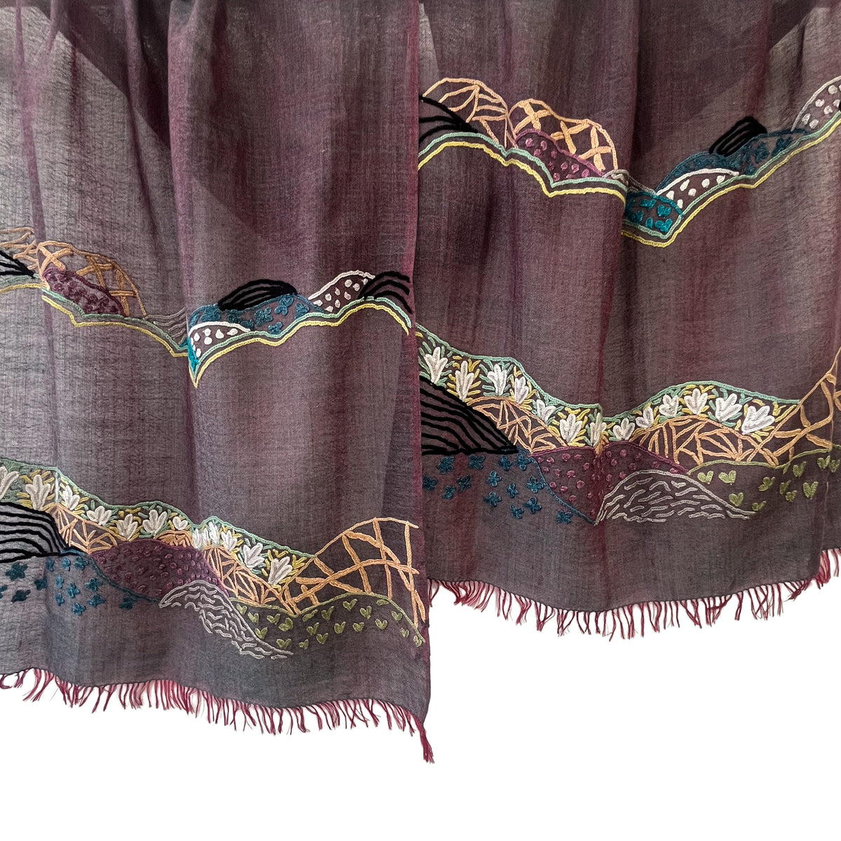 薄手ウール&シルク 細幅アリー手刺繍ストール (パープル)