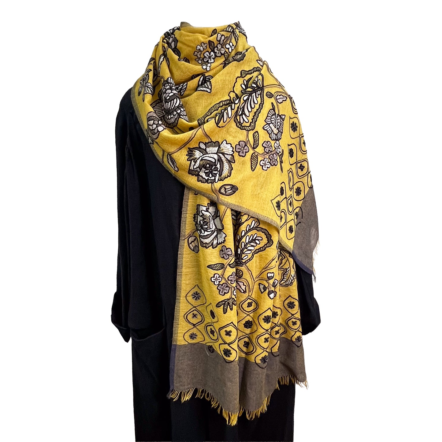 薄手ウール&シルク アリー手刺繍ストール(マスタード)