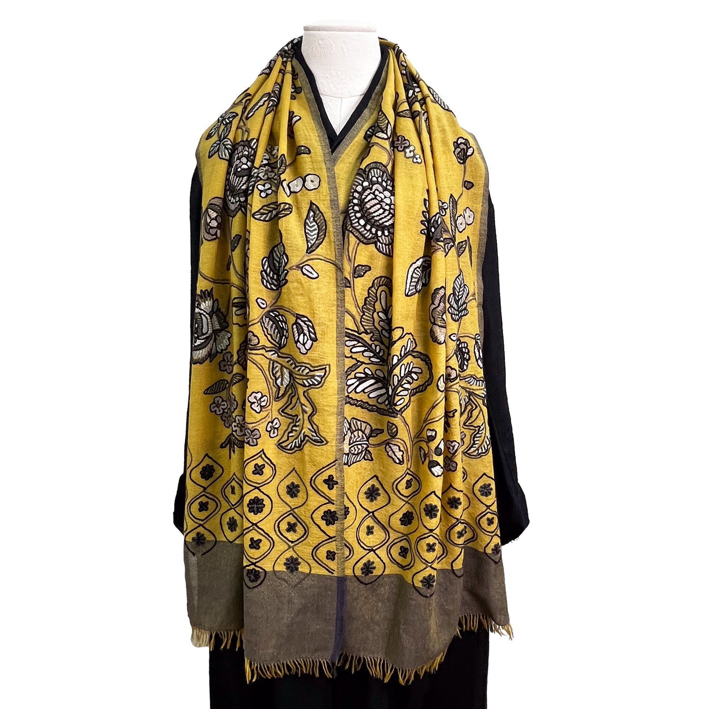 薄手ウール&シルク アリー手刺繍ストール(マスタード)