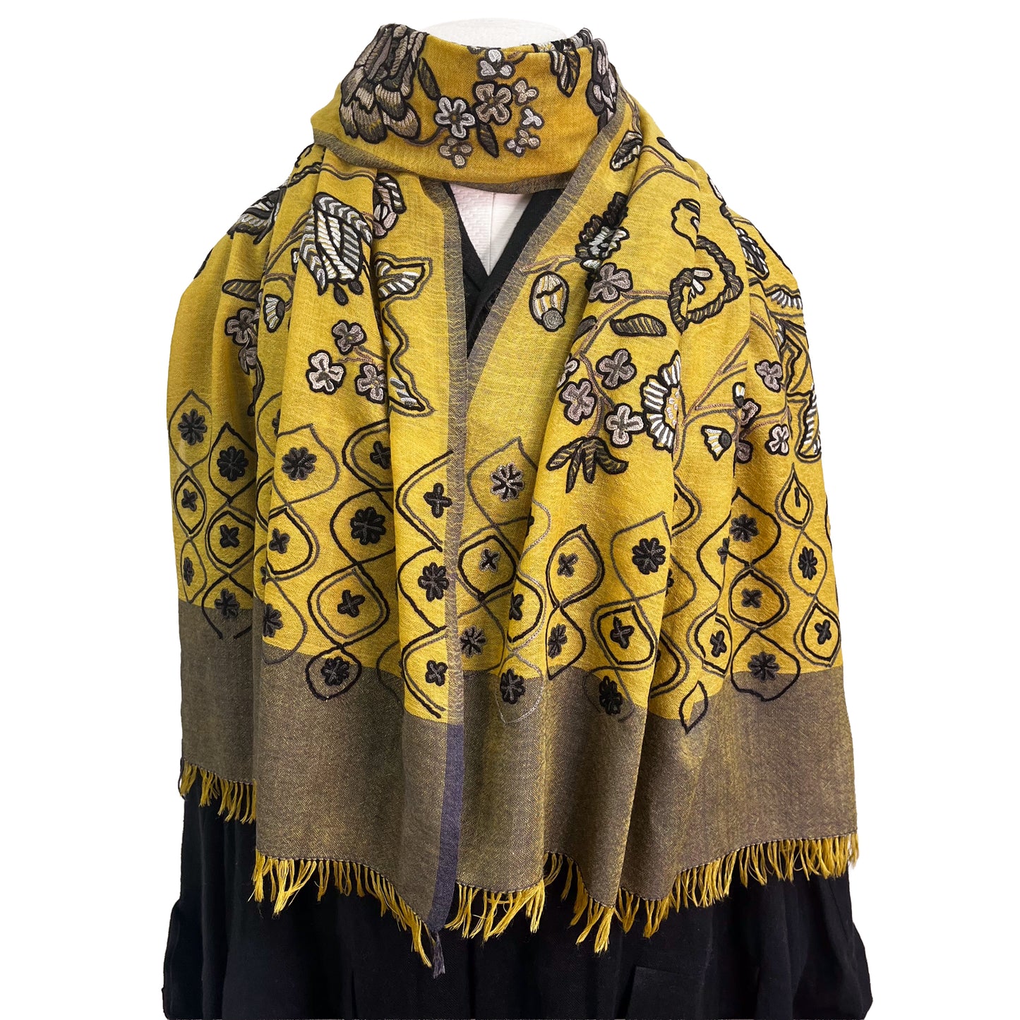 薄手ウール&シルク アリー手刺繍ストール(マスタード)