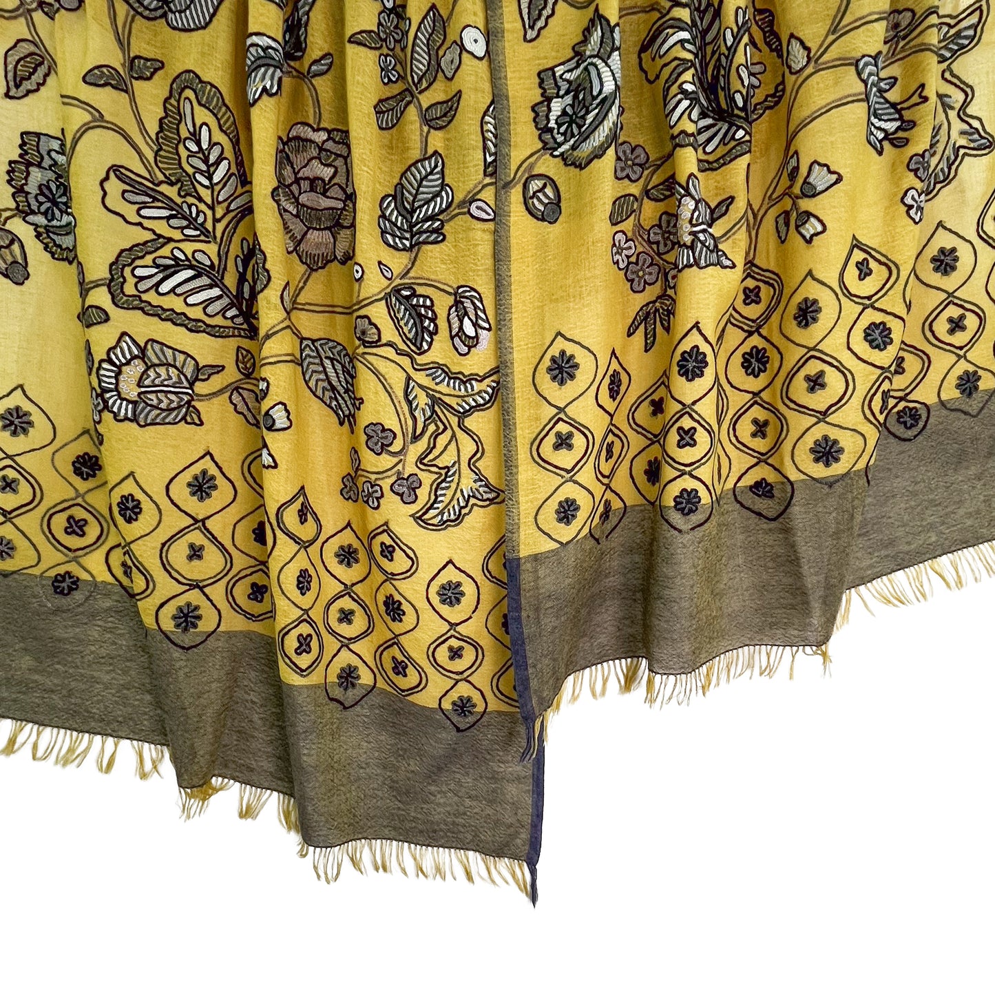 薄手ウール&シルク アリー手刺繍ストール(マスタード)