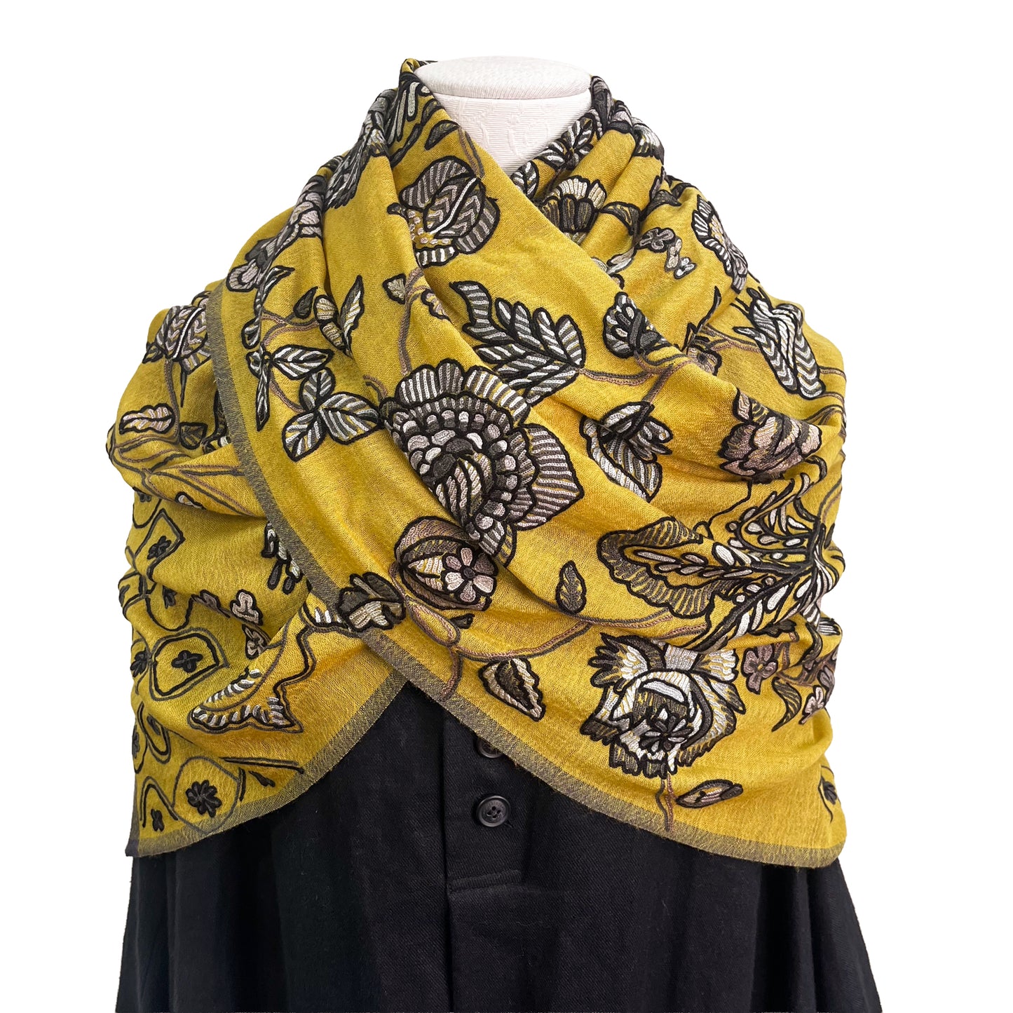 薄手ウール&シルク アリー手刺繍ストール(マスタード)
