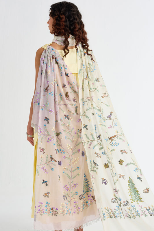 Tree of Life 薄手ウール&シルク アリー手刺繍ストール (ライトパープル)