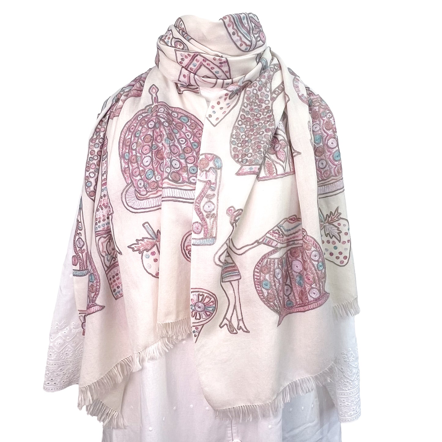 PARTY ファインウールシルク アリー手刺繍ストール (ホワイト)