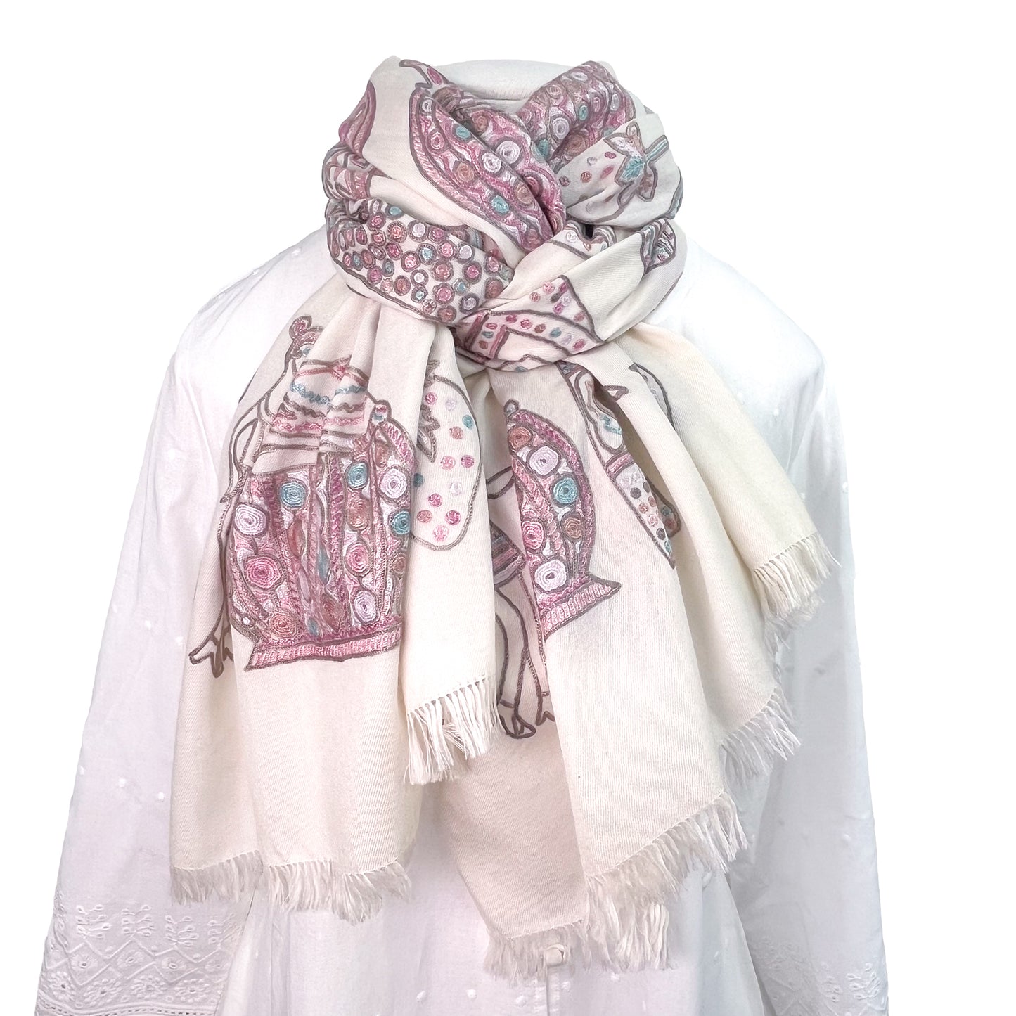 PARTY ファインウールシルク アリー手刺繍ストール (ホワイト)