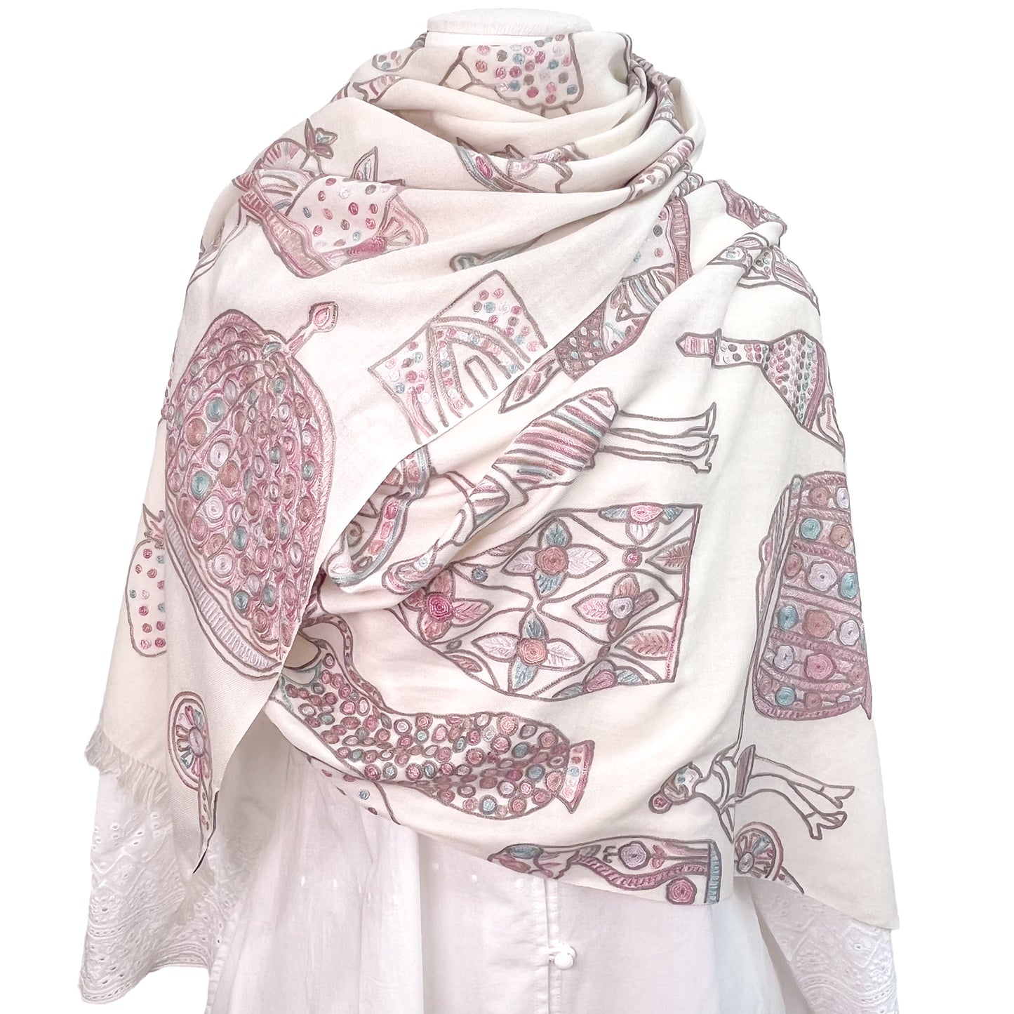 PARTY ファインウールシルク アリー手刺繍ストール (ホワイト)