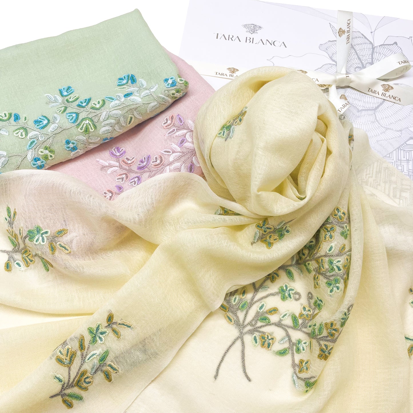 Flower Motif Gift Series Lightweight Wool &amp; Silk Allie Hand Embroidered Stole (Blue Gray)