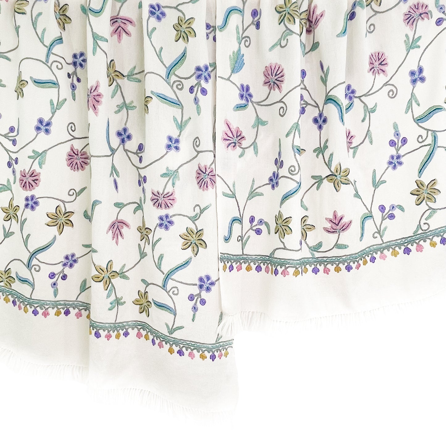 Wool Arly Hand Embroidered Stole (White/Light Green)