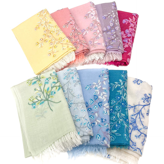 Flower Motif Gift Series Lightweight Wool &amp; Silk Allie Hand Embroidered Stole (Blue Gray)