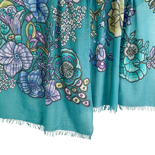 DARK FLOWER 薄手ウール&シルク アリー手刺繍ストール (ターコイズ)